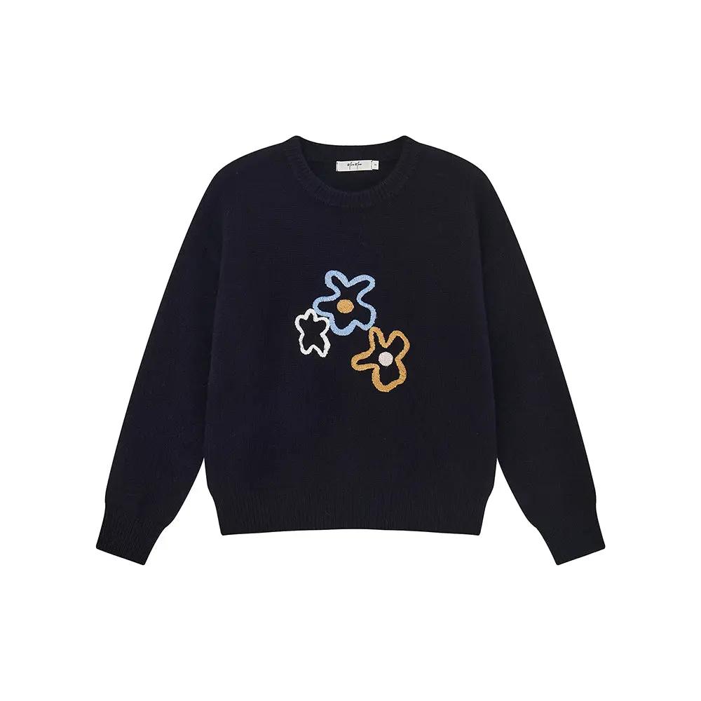 An image of a  Dark Blue / One-Size 41328 Pure Wool Flower Crewneck Sweater by  Mirra Masa