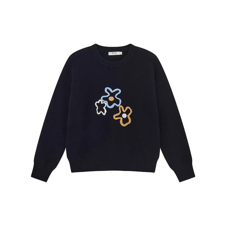 An image of a  Dark Blue / One-Size 41328 Pure Wool Flower Crewneck Sweater by  Mirra Masa
