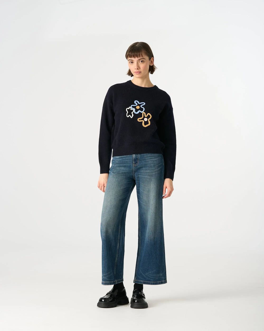 An image of a  Dark Blue / One-Size 41328 Pure Wool Flower Crewneck Sweater by  Mirra Masa
