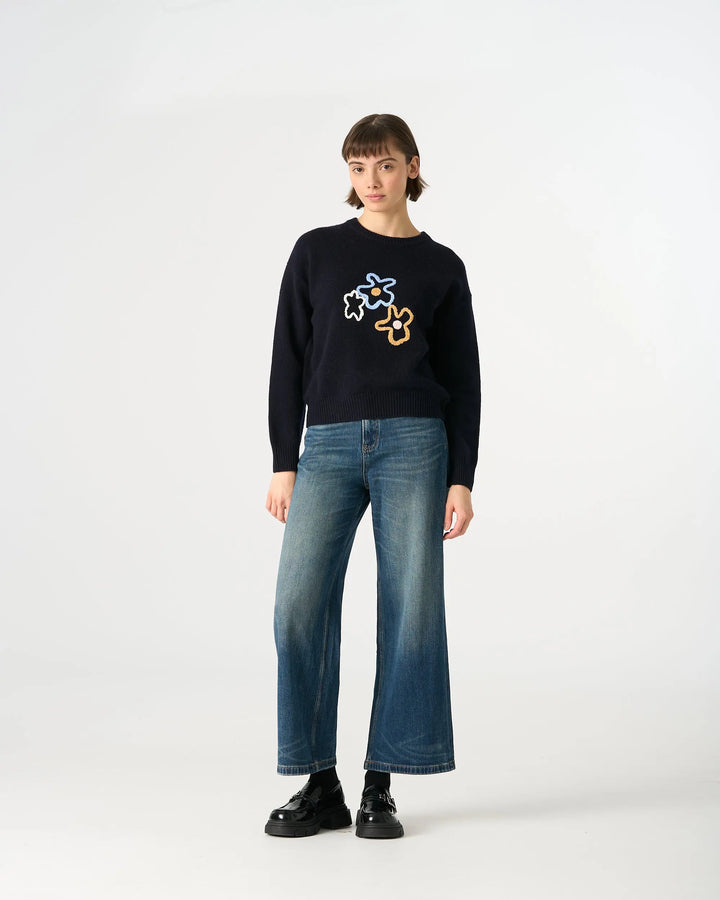 An image of a  Dark Blue / One-Size 41328 Pure Wool Flower Crewneck Sweater by  Mirra Masa