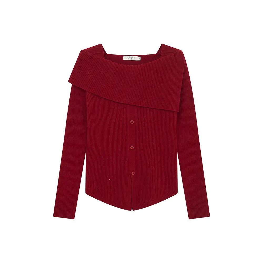 An image of a  Burgundy Red / One-Size 41621 Soft Line Ribbed Wool Top by  Mirra Masa