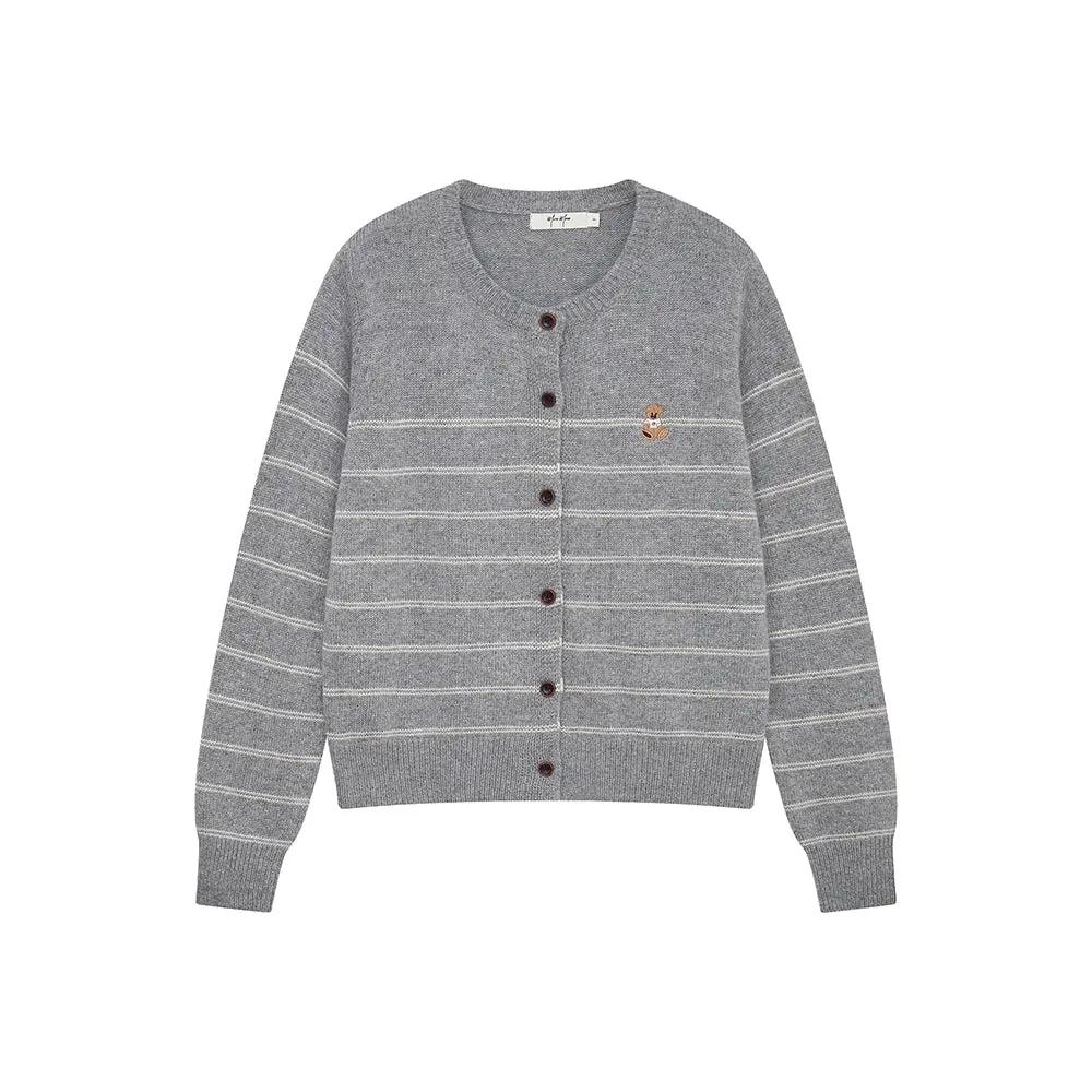 An image of a  Grey / One-Size 41622 Striped Crewneck Cardigan by  Mirra Masa