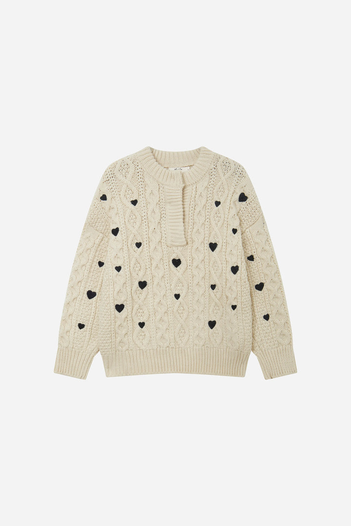 An image of a   41686 Hearty Trim Cable Knit Sweater by  Mirra Masa