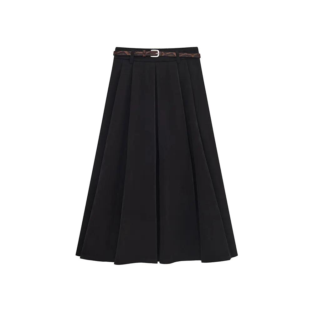 An image of a  Black / Large 42792 Pleated Midi Skirt with Belts by  Mirra Masa