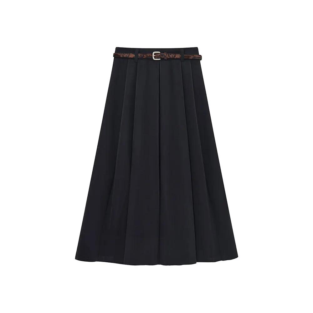 An image of a  Dark Blue / Large 42792 Pleated Midi Skirt with Belts by  Mirra Masa