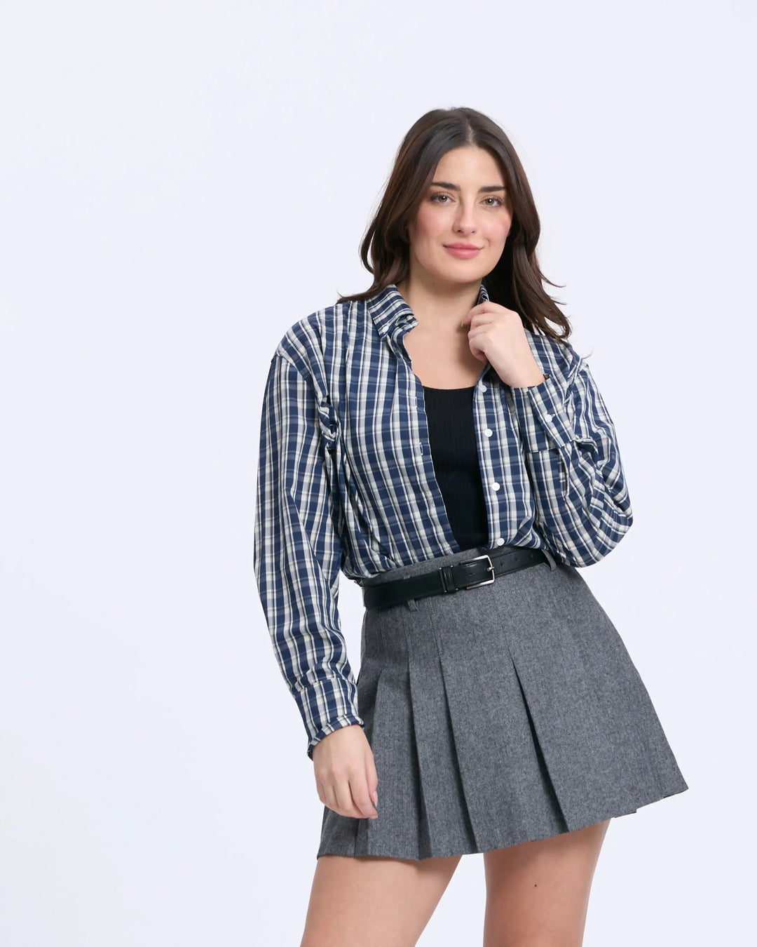 An image of a  Navy-onesize 4884Q Simple Plaid Shirt by  Mirra Masa