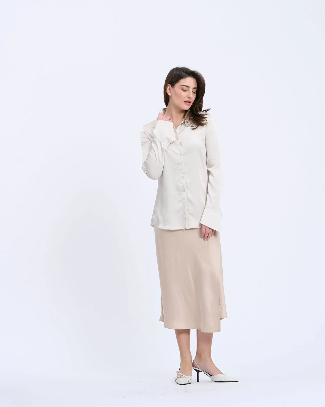 An image of a  Almond-onesize 6431C Throw On Shirt by  Mirra Masa