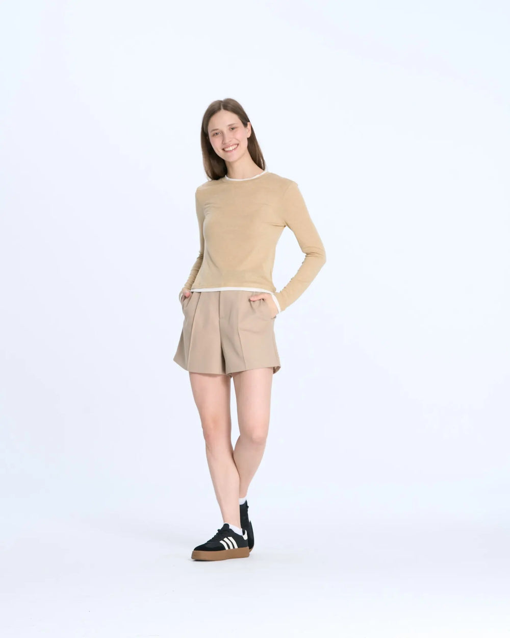 An image of a  Khaki / onesize 8384Q Layered Roundneck Top by  Mirra Masa