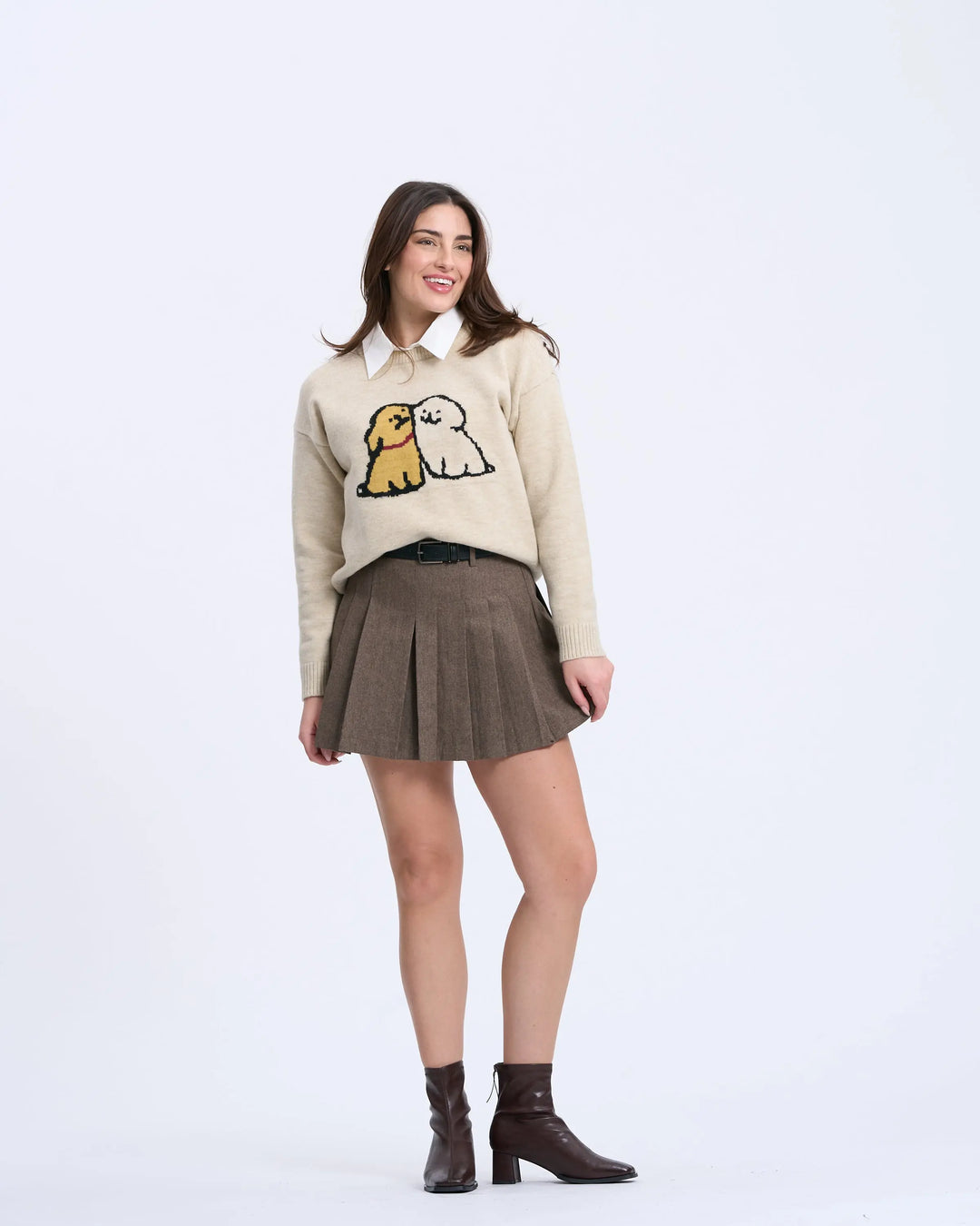 An image of a  Beige / One-Size 8994Q Puppy Love Crewneck Sweater by  Mirra Masa