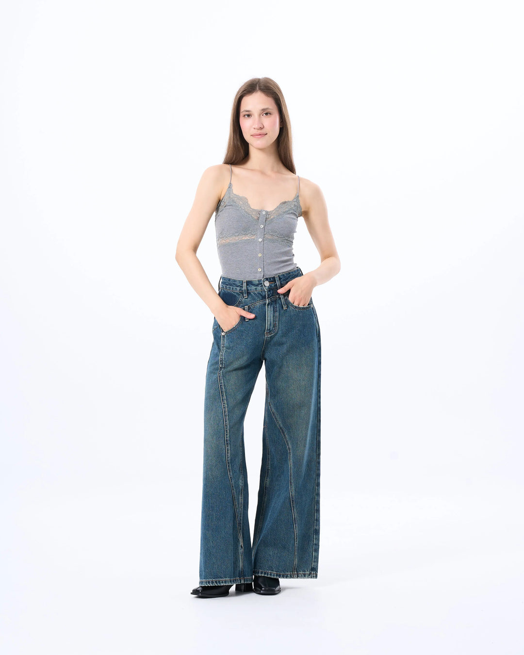 An image of a  Grey / Medium 9665C Laced Layering Cami Top by  Mirra Masa