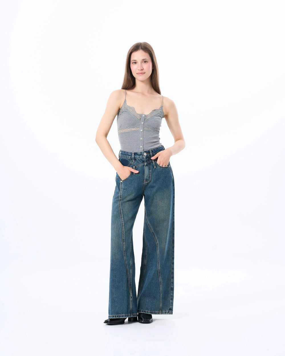 An image of a  Grey / Medium 9665C Laced Layering Cami Top by  Mirra Masa
