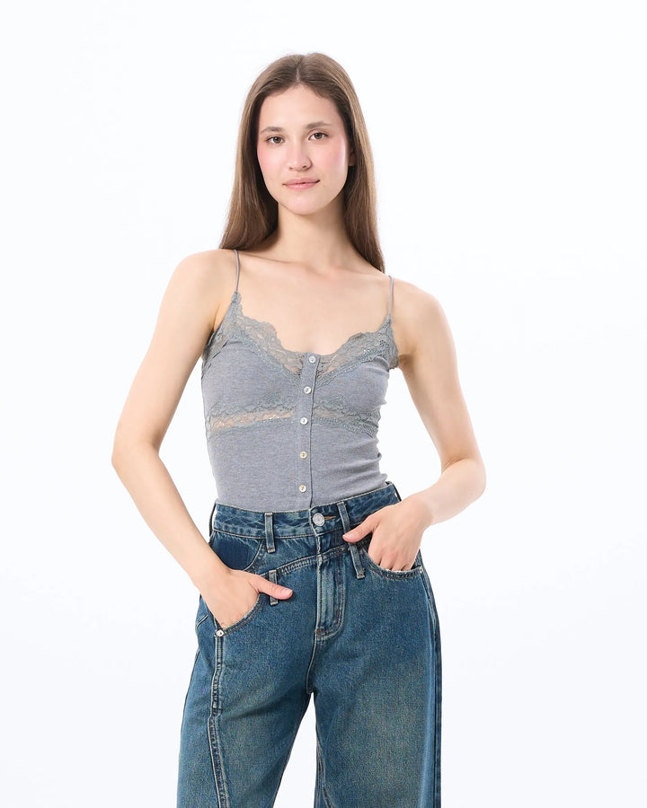 An image of a  Grey / Medium 9665C Laced Layering Cami Top by  Mirra Masa