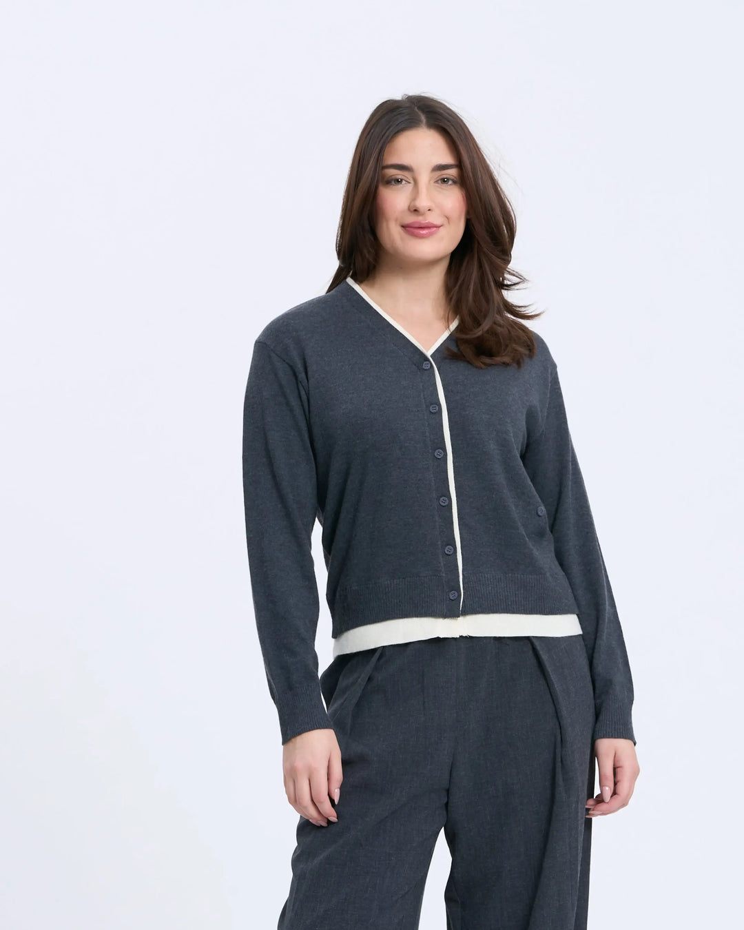 An image of a  Gray-Medium B2D80 Layered Cardigan by  Mirra Masa