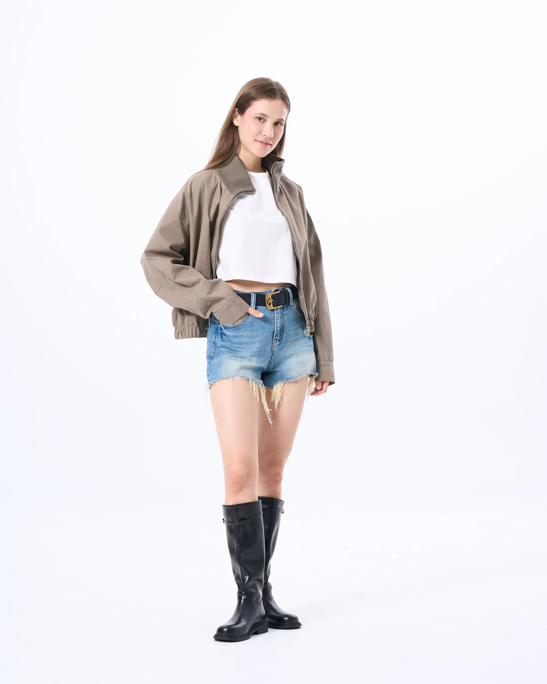 An image of a  Khaki / Medium CT6S1S6 Funnel-Neck Full-Zip Jacket by  Mirra Masa