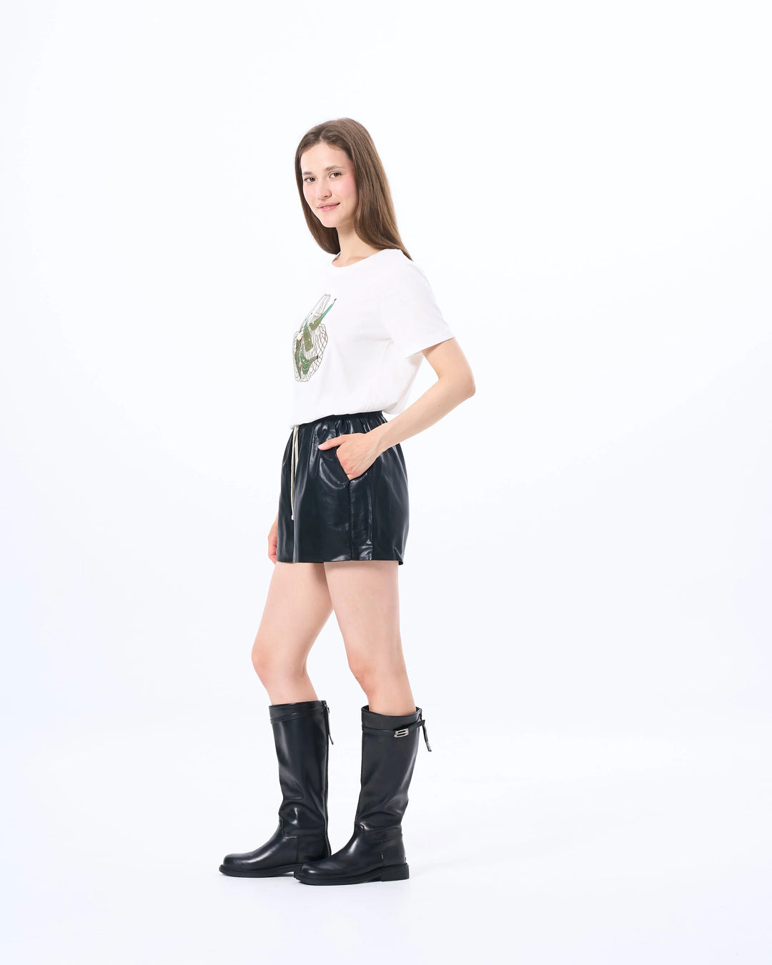 An image of a   D6621 Vegan Leather Shorts by  Mirra Masa