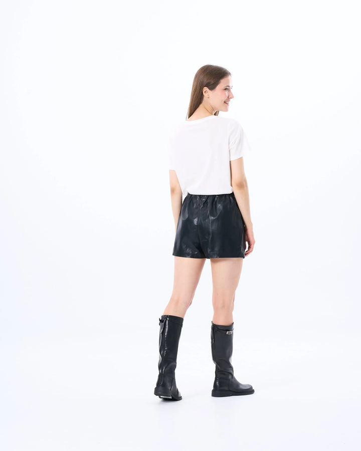 An image of a   D6621 Vegan Leather Shorts by  Mirra Masa