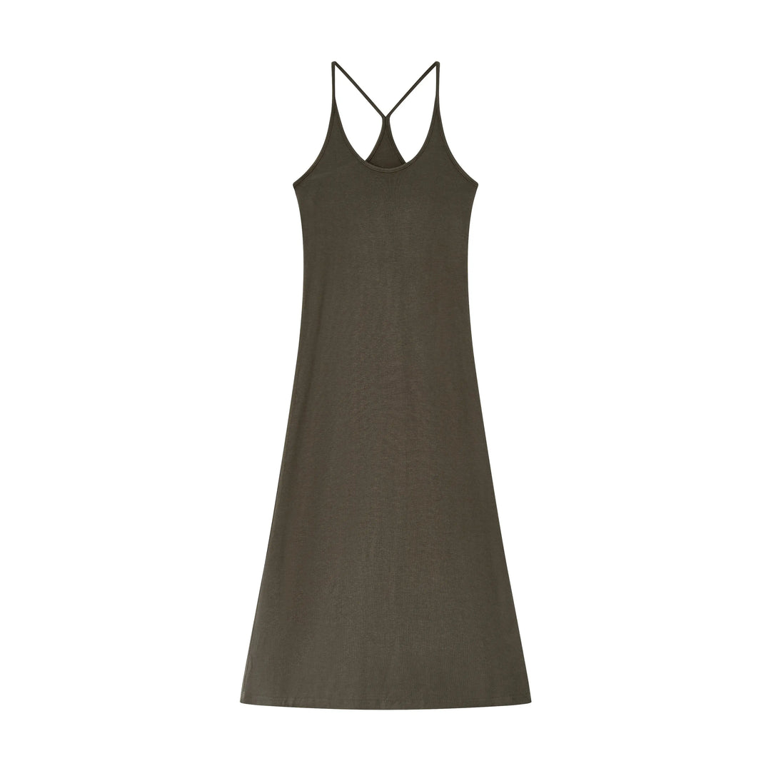 An image of a  Dark-Khaki-Medium DR4G3M6 Silhouette Slip Dress by  Mirra Masa