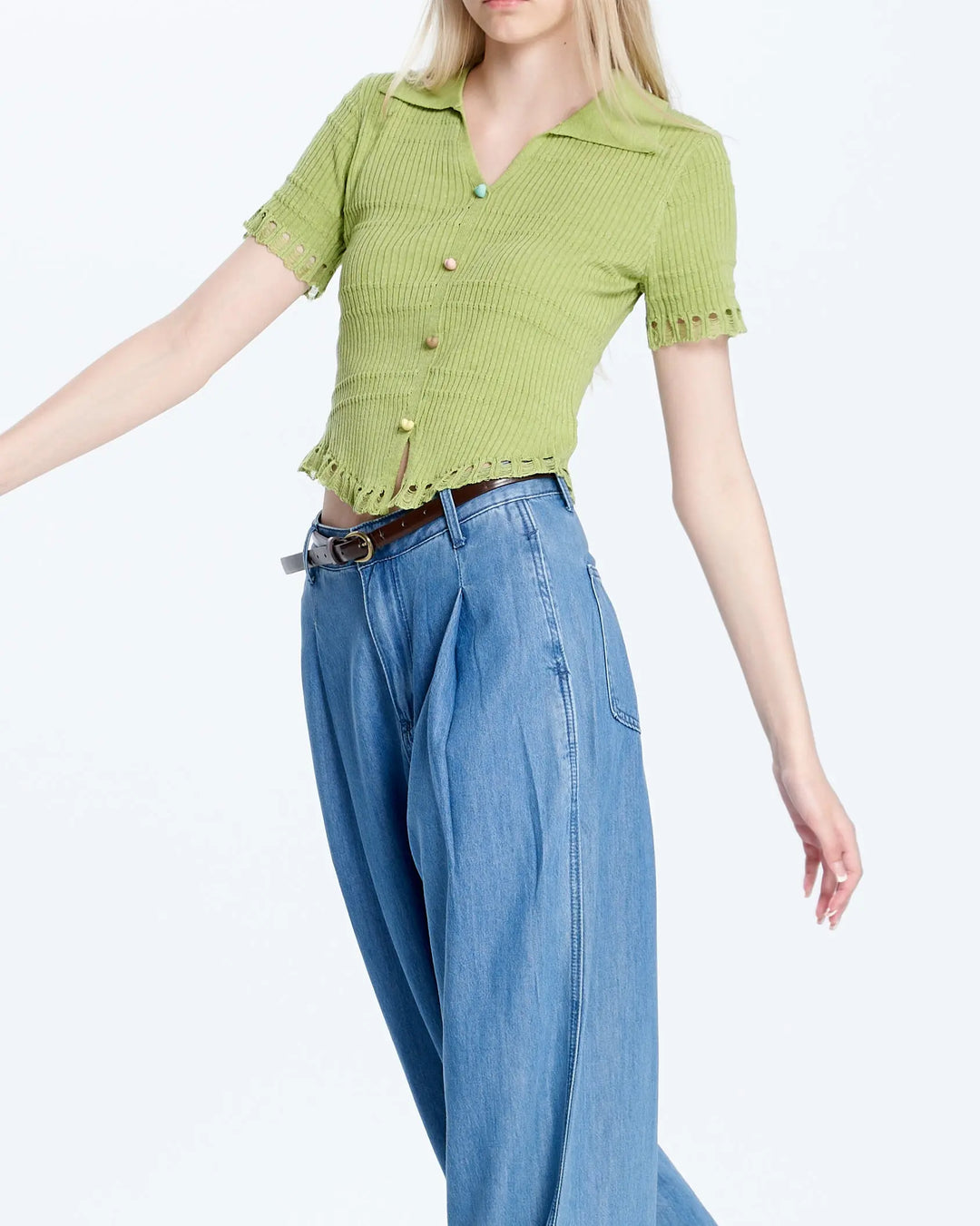 An image of a  Green-Medium N2D25 Cropped V-Neck Top by  Mirra Masa