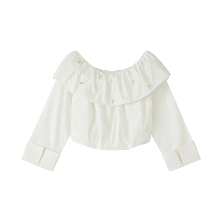 An image of a   PLW92S6 Ruffled Off-Shoulder Cropped Top by  Mirra Masa