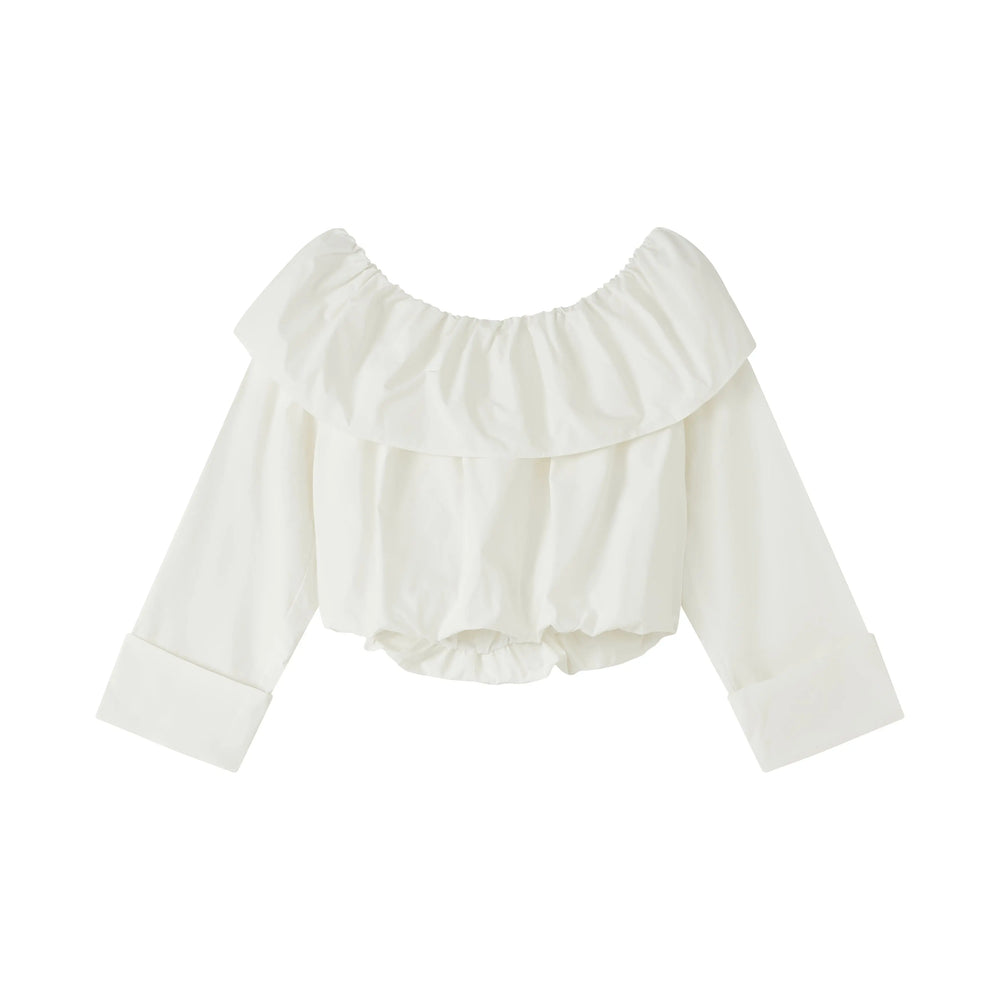 An image of a   PLW92S6 Ruffled Off-Shoulder Cropped Top by  Mirra Masa