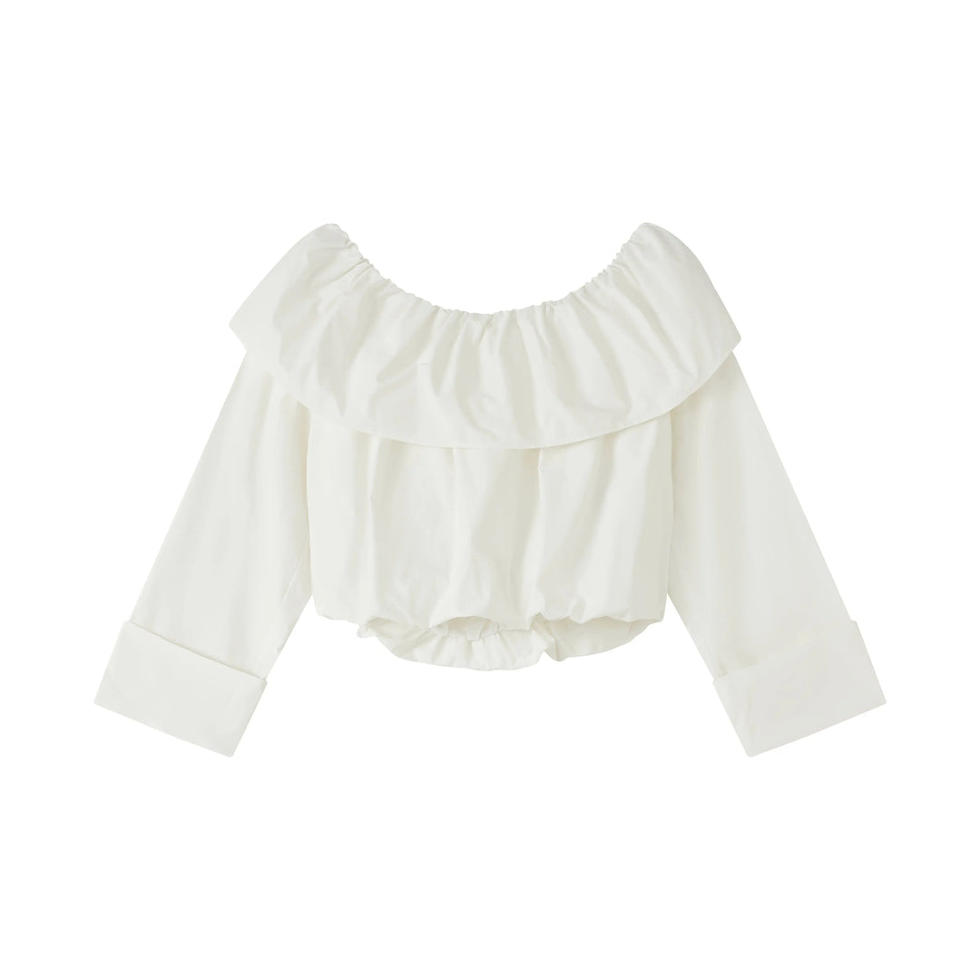 An image of a   PLW92S6 Ruffled Off-Shoulder Cropped Top by  Mirra Masa