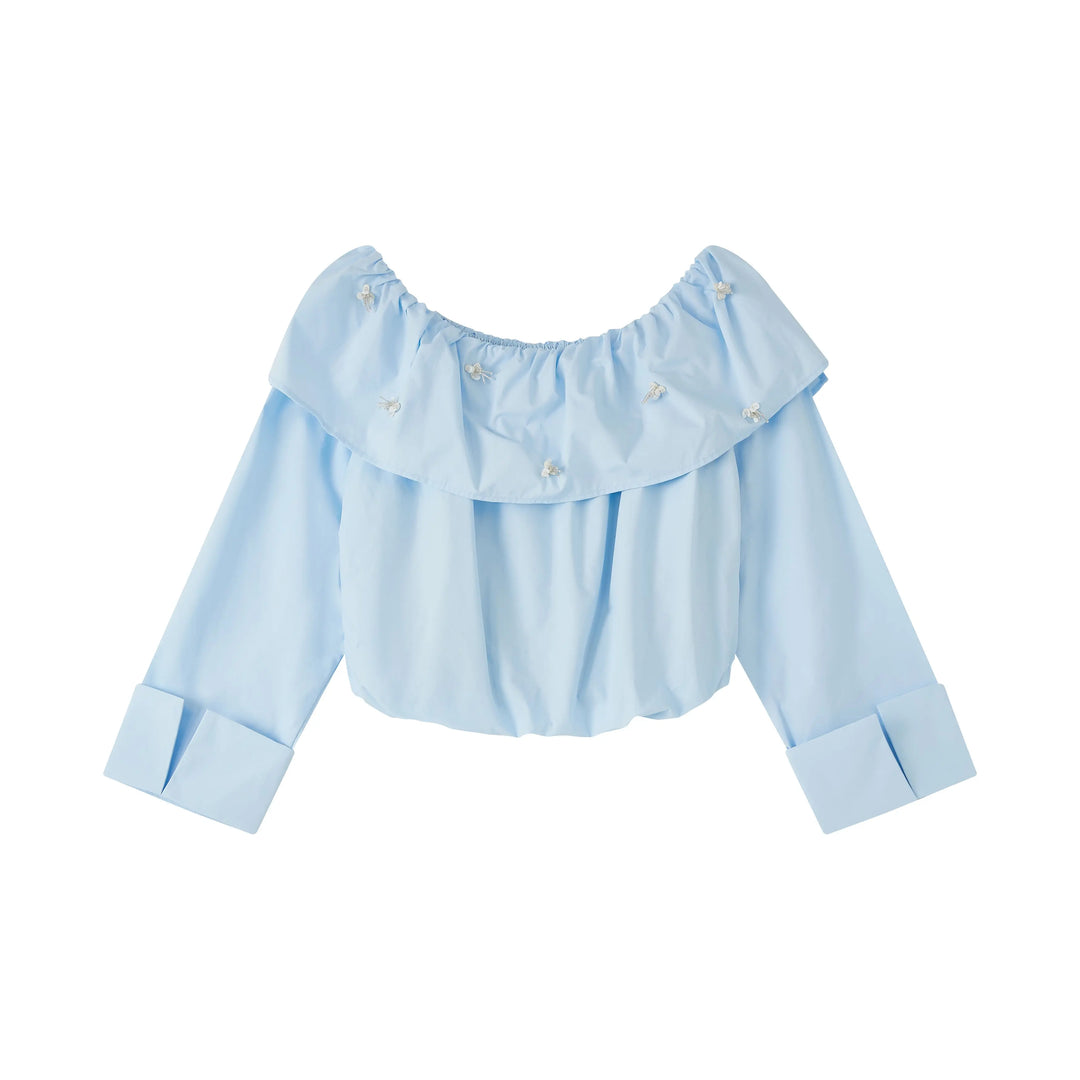 An image of a   PLW92S6 Ruffled Off-Shoulder Cropped Top by  Mirra Masa