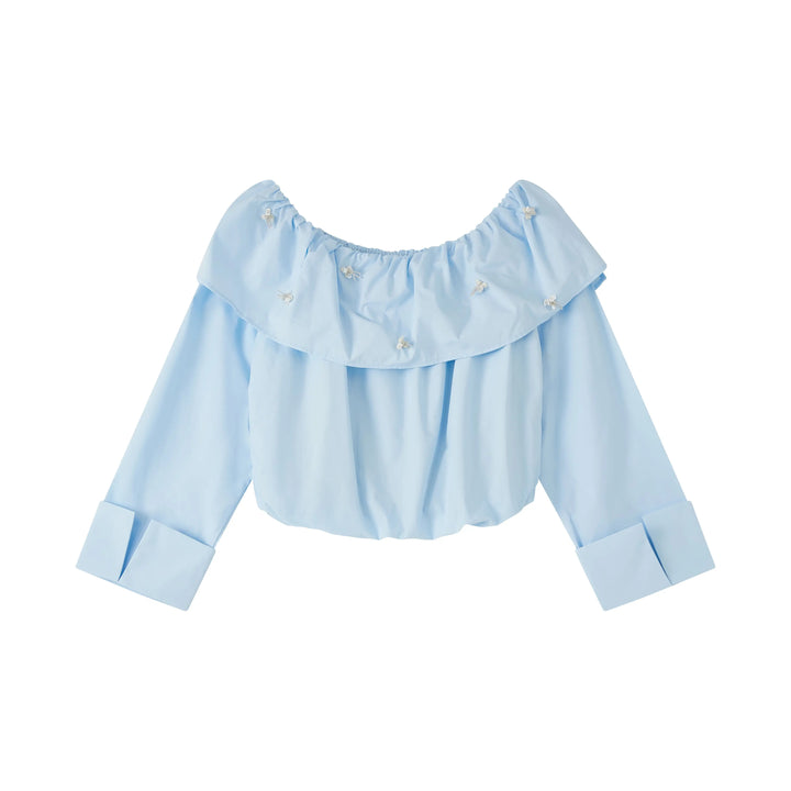 An image of a   PLW92S6 Ruffled Off-Shoulder Cropped Top by  Mirra Masa