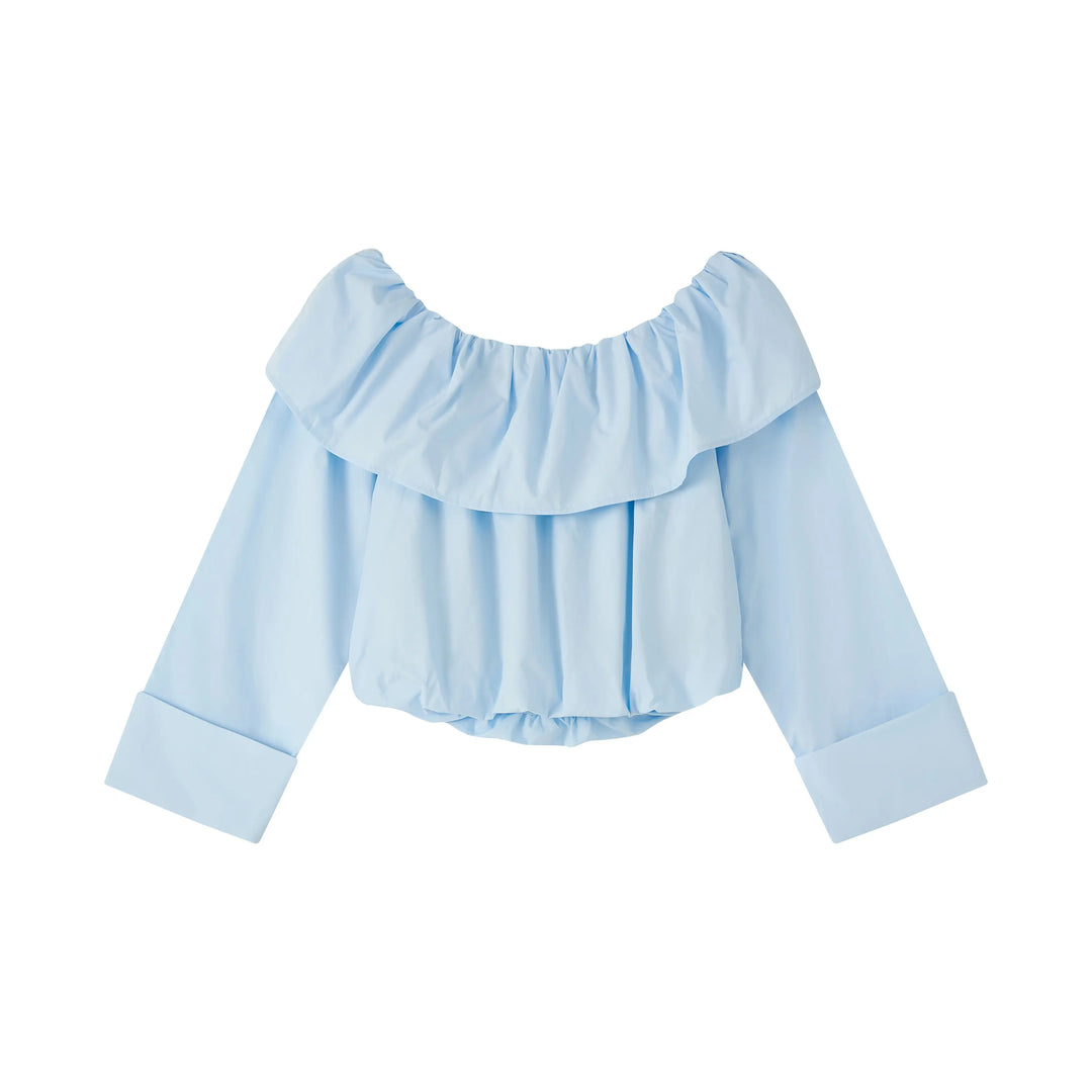 An image of a   PLW92S6 Ruffled Off-Shoulder Cropped Top by  Mirra Masa