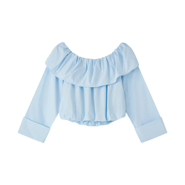 An image of a   PLW92S6 Ruffled Off-Shoulder Cropped Top by  Mirra Masa