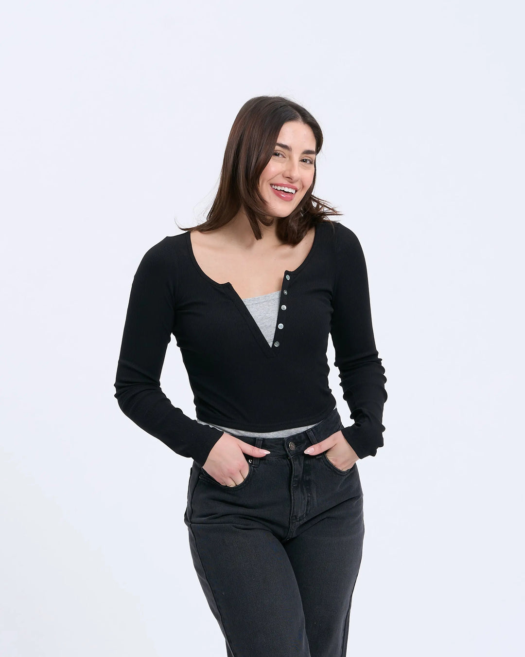 An image of a  Black-Medium S0532 Layered Knit Top by  Mirra Masa