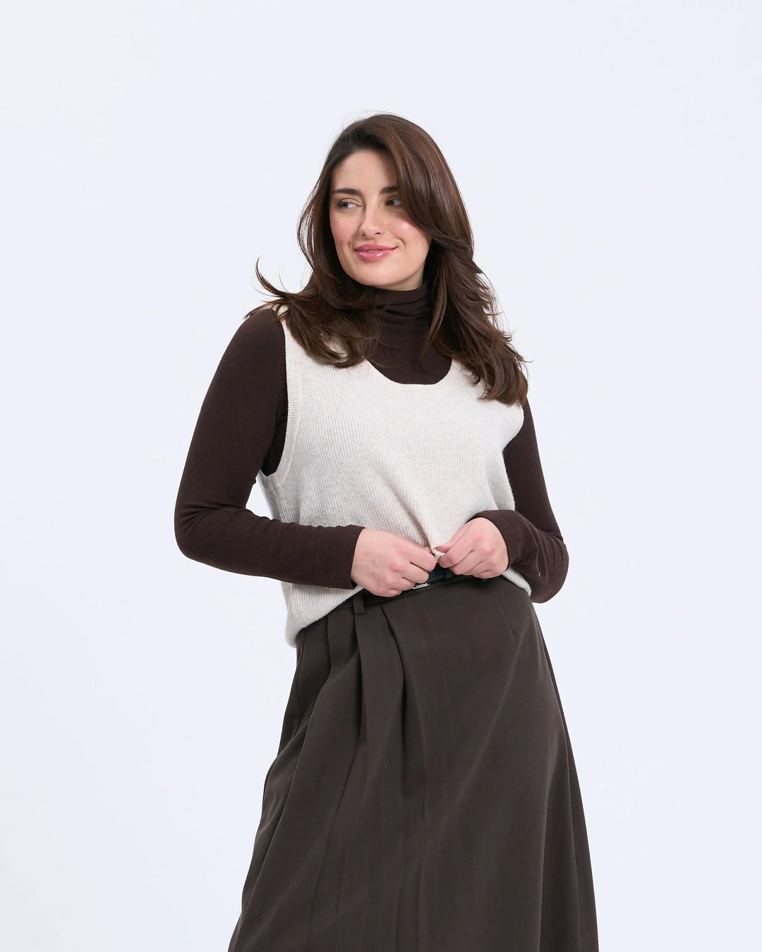 An image of a  Beige-onesize S1094 Sweater Vest by  Mirra Masa