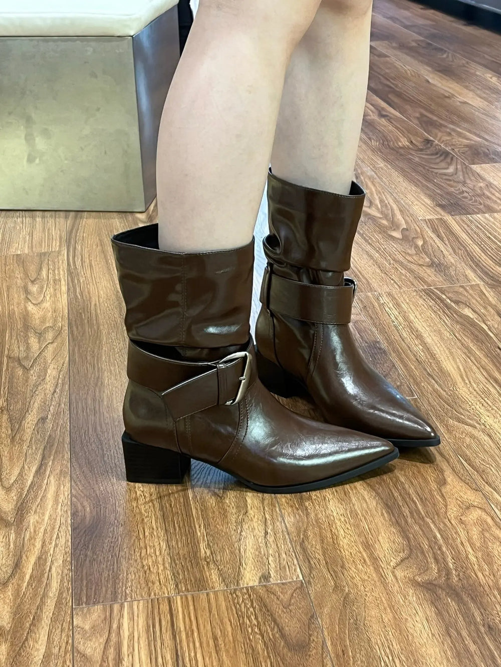 An image of a   S1980 Buckle-Strap Pointed-Toe Ankle Boots by  Mirra Masa