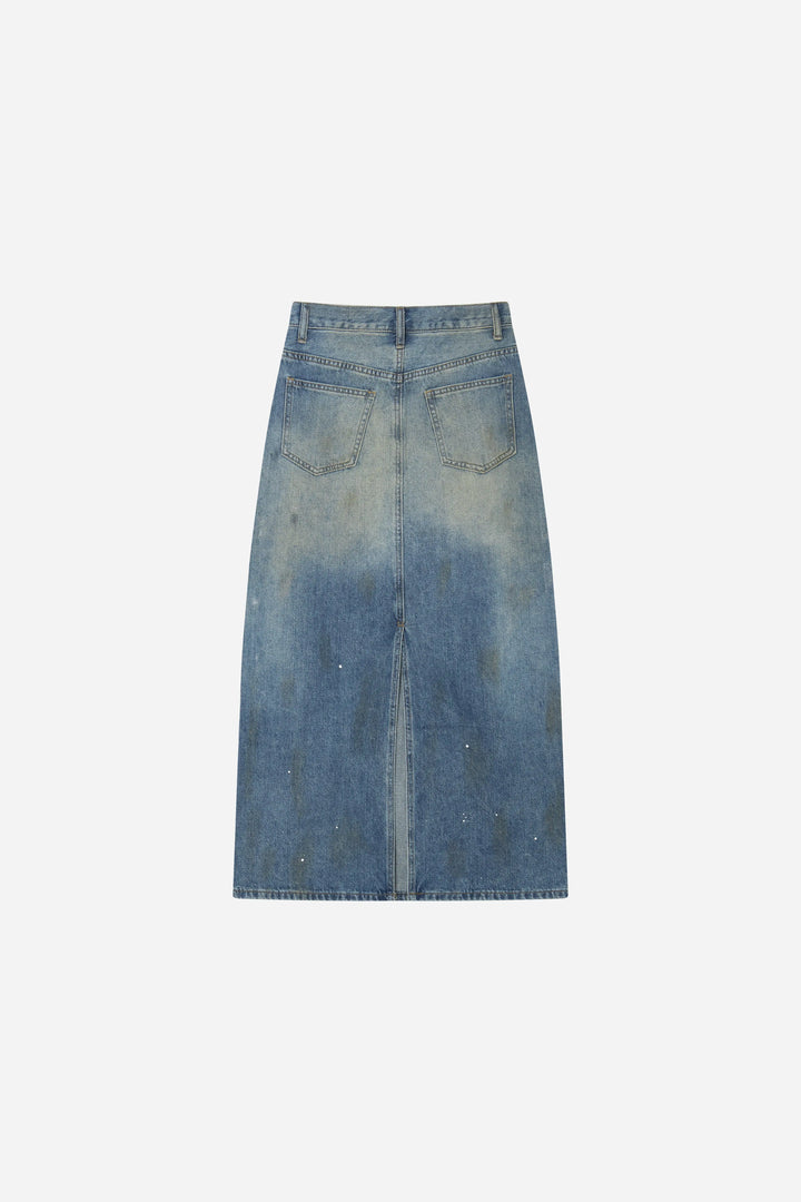 An image of a   S20036 Vintage Wash Denim Skirt by  Mirra Masa