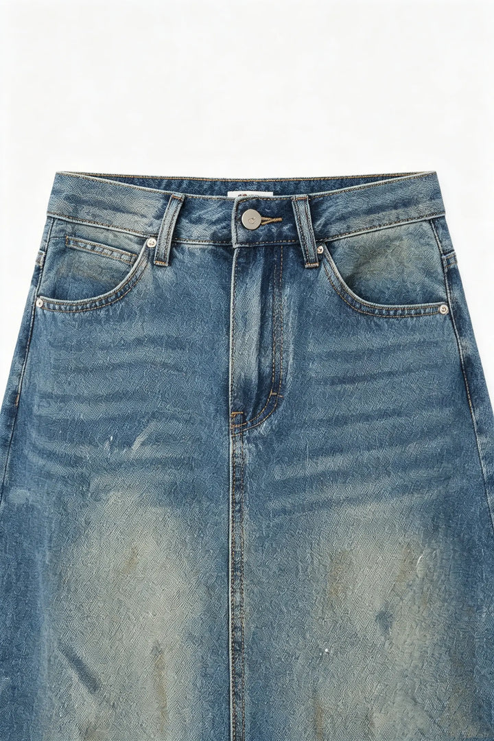 An image of a   S20036 Vintage Wash Denim Skirt by  Mirra Masa