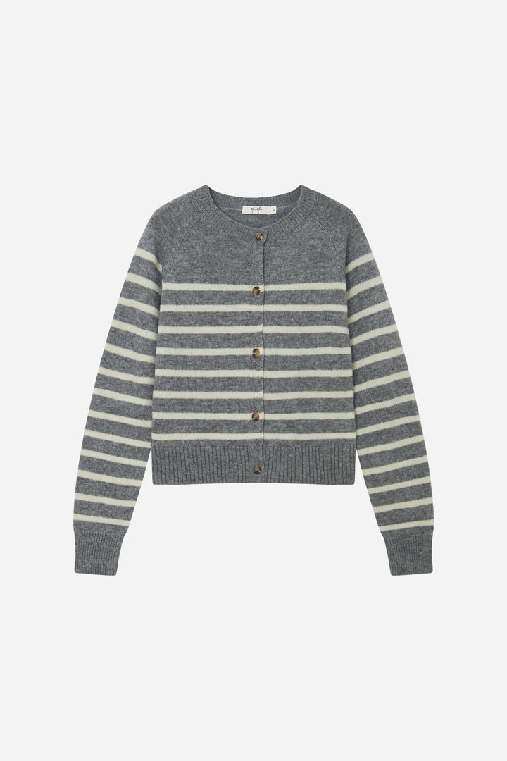 An image of a   S41287 Classic Striped Crew Neck Button Cardigan by  Mirra Masa