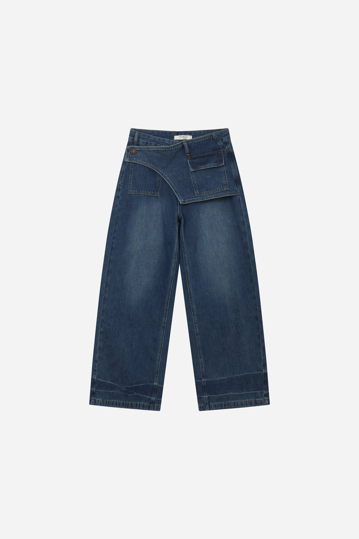 An image of a   S42290 Asymmetric Fold-Over Wide Leg Jeans by  Mirra Masa