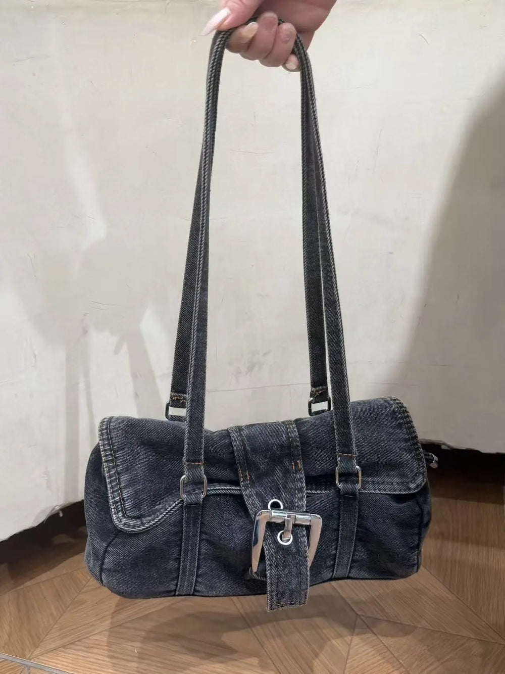 An image of a   TF1765 Buckle Detail Denim Bag by  Mirra Masa