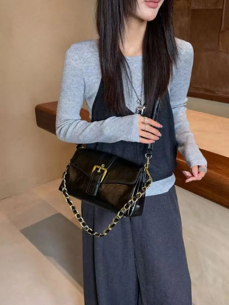 An image of a   TF2611 Buckle-Detail Chain-Strap Crossbody Bag by  Mirra Masa