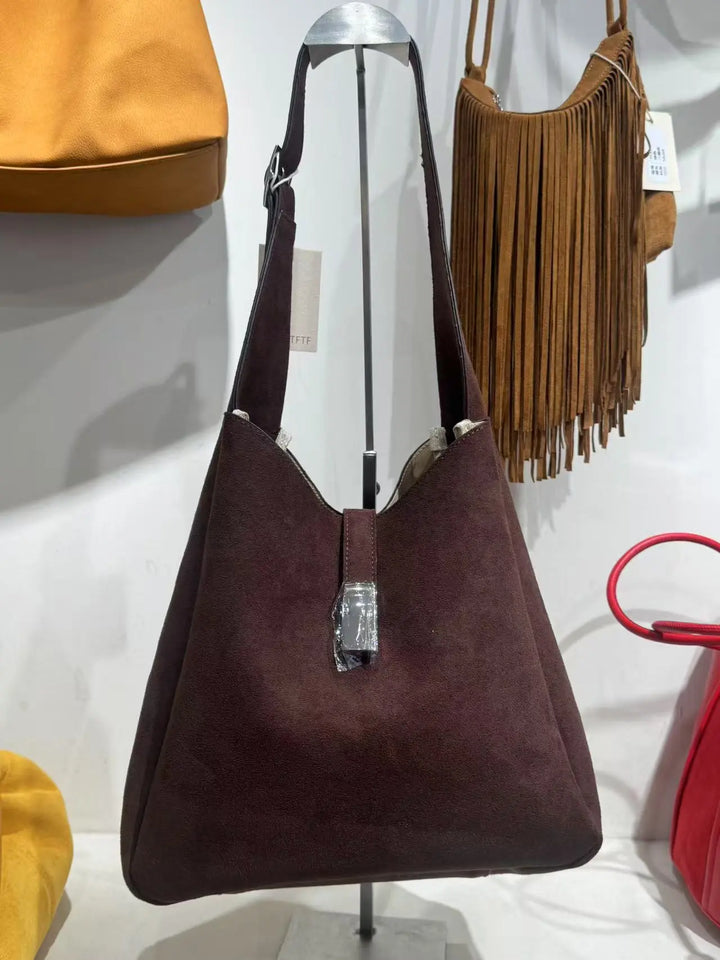 An image of a  Dark Khaki TF5806 Suede Hobo Bag by  Mirra Masa