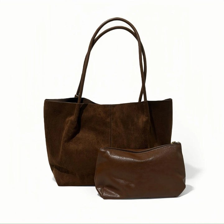 An image of a  Brown TF7016 Suede Tote Bag with Pouch by  Mirra Masa