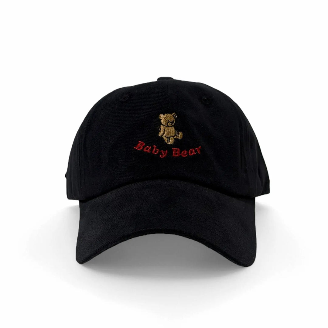 An image of a  Black Teddy Bear Embroidered Baseball Cap by  Mirra Masa
