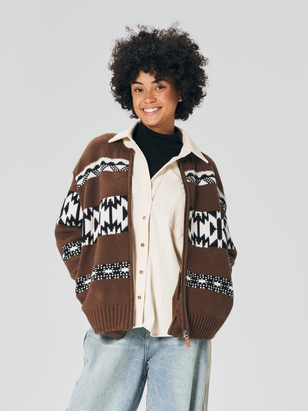 An image of a  Brown-One-Size ZZ005 Zip-Up Wool Cardigan by  Mirra Masa