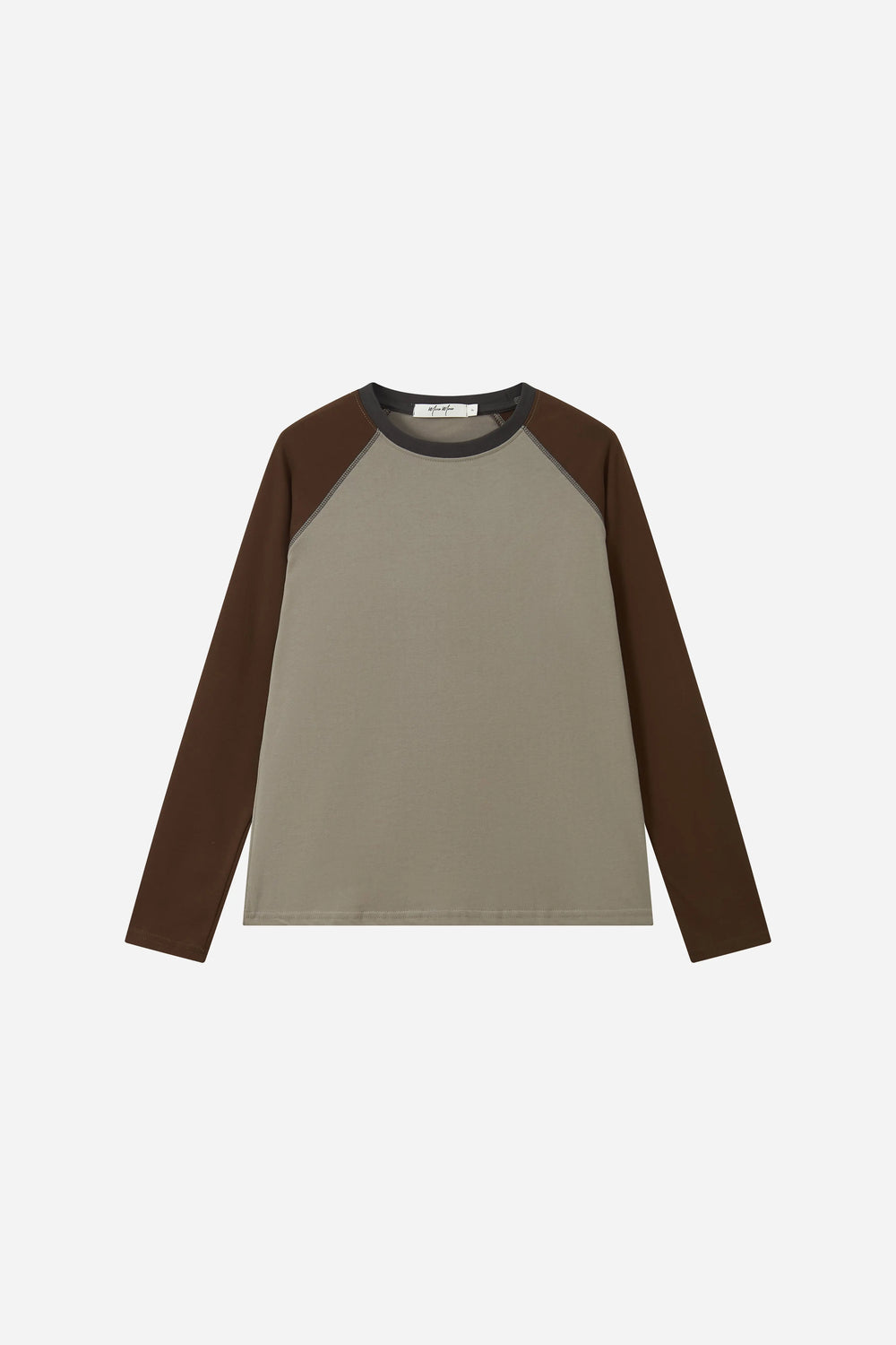 Brown Ballpark Long-Sleeve Top with contrasting raglan sleeves, front view.