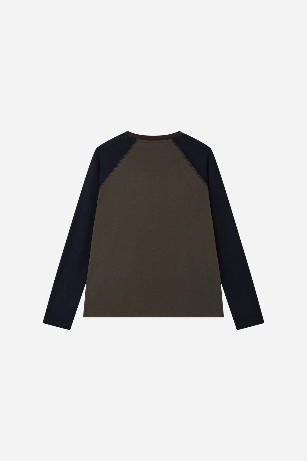 Dark blue Ballpark Long-Sleeve Top with contrasting raglan sleeves, back view.