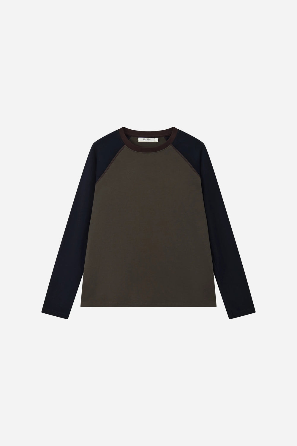 Dark blue Ballpark Long-Sleeve Top with contrasting raglan sleeves, front view.